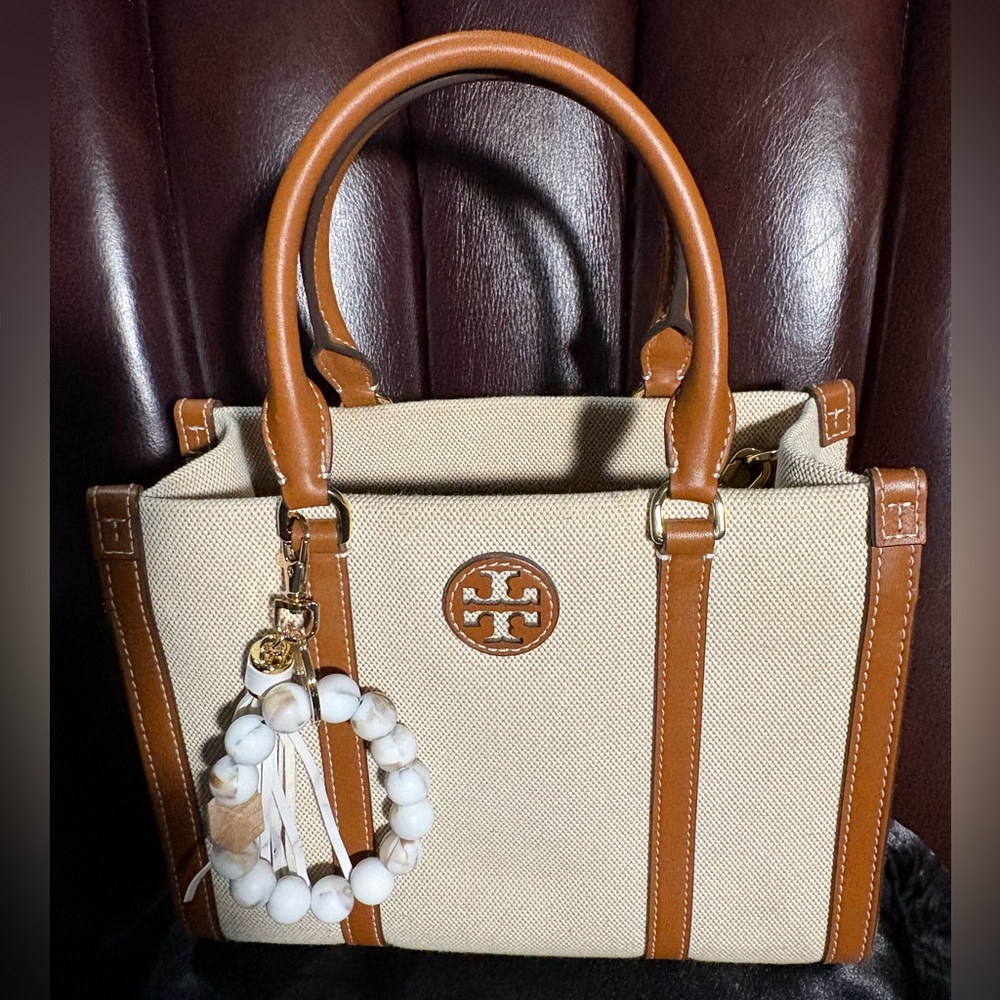 Tory Burch Blake Canvas Tote in Natural/Classic Cuoio Colorway NWOT w/ Charm